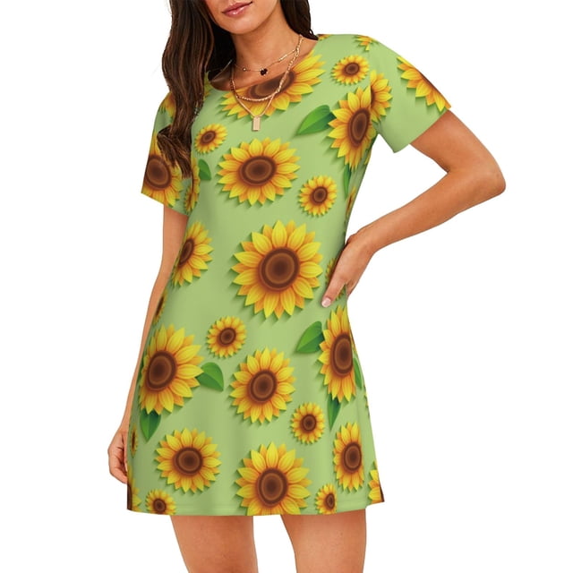 Saiise Motif Feuilles de Tournesol Chemise de Nuit à Manches Courtes Col Rond Mignonne Robe de Nuit Confortable