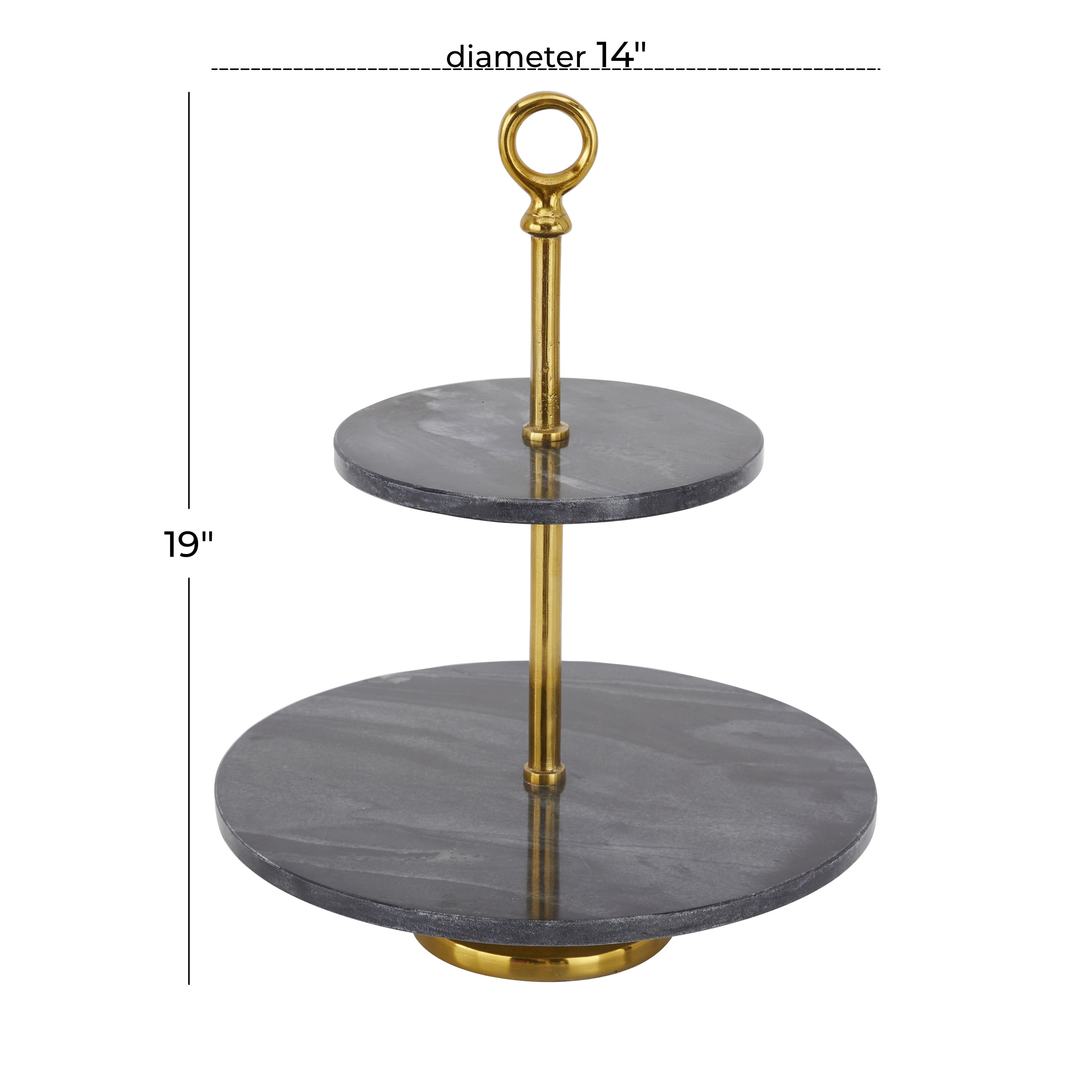 DecMode 14" x 19" Black Marble 2 Tiered Server with Gold Post, 1-Piece