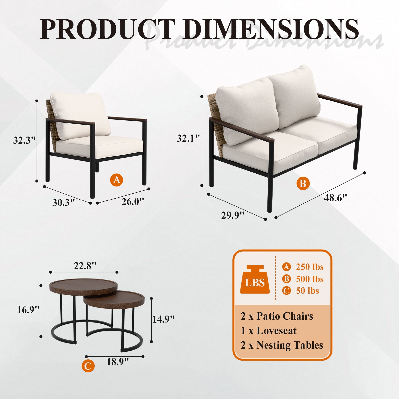 INTER HUT 5 PCS Patio Outdoor Conversation Set with Nesting Coffee Table,Modular Rattan Outdoor Patio Sectional Furniture Sofa Set for Backyard,Beige