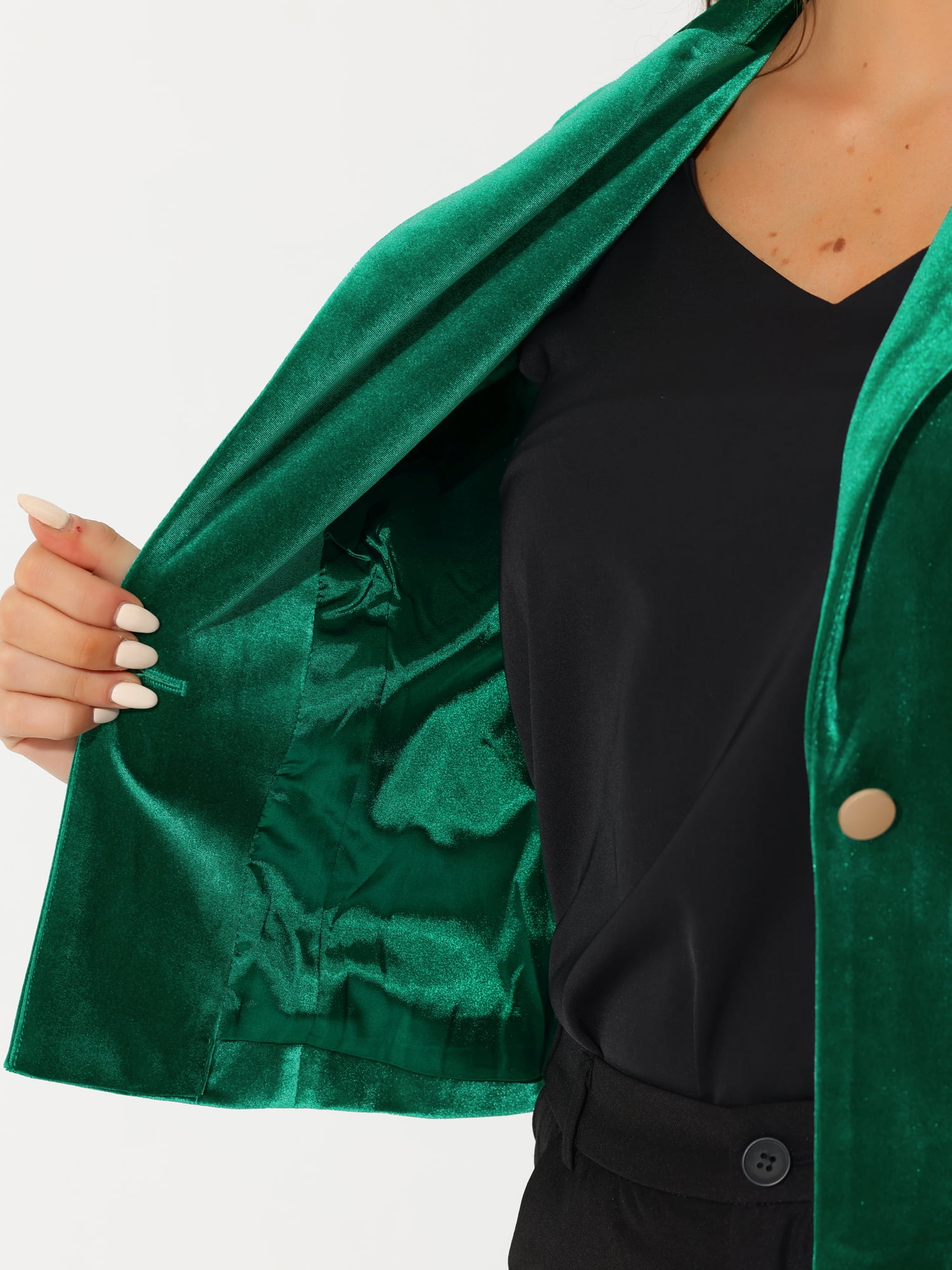 DARING DIVA Women's Button Front Velvet Blazer Lapel Crop Suit Jacket L Grass Green