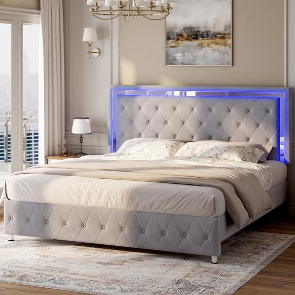Merluxy Queen Bed Frame with LED Lights Headboard,Velvet Upholstered,No Box Spring Needed,Light Grey