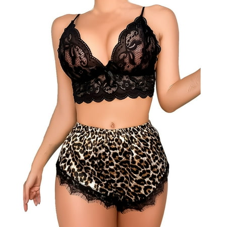 

YYDGH Lingerie Set for Women Halter Leather Shiny Crop Top Bra and Mini Skirt 2 Piece Sleepwear Nightwear Black-2 L