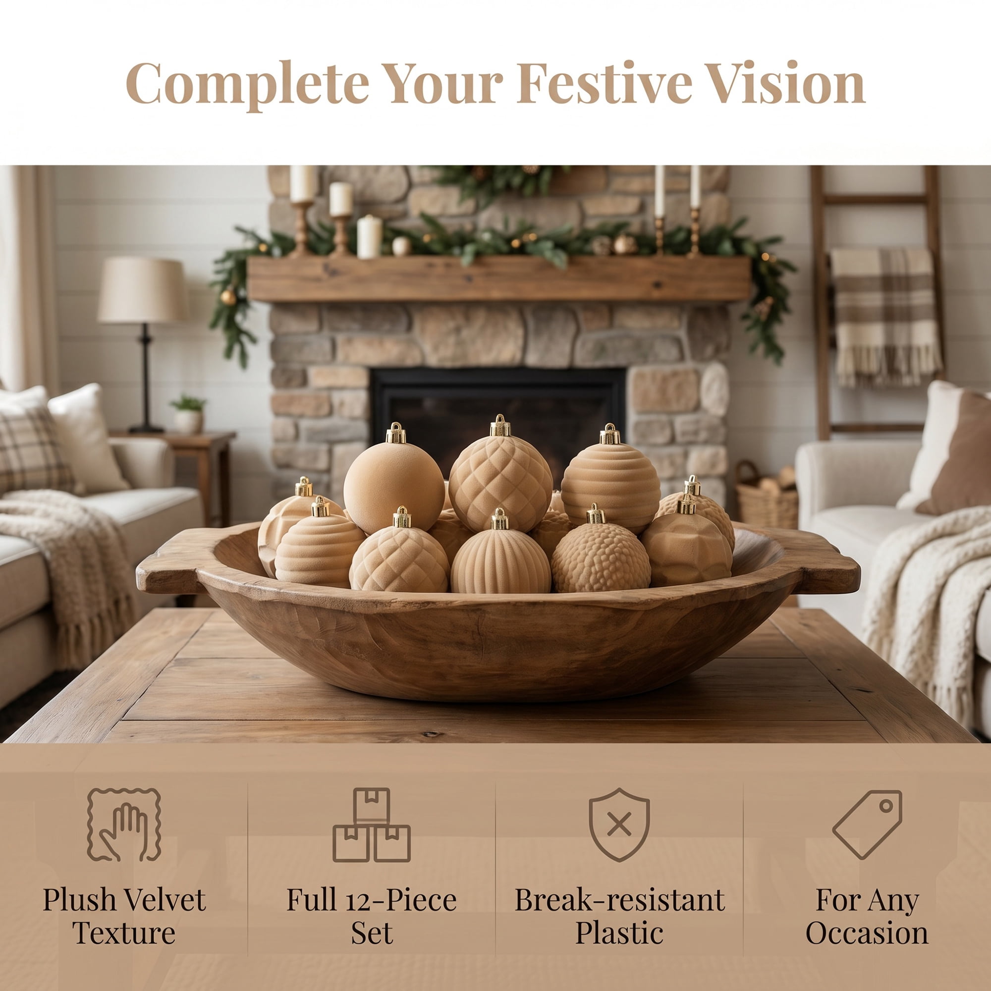 Unique Bargains Velvet Christmas 12 Pack Flocked Sphere Orbs Luxury Ornaments Khaki 2.4"