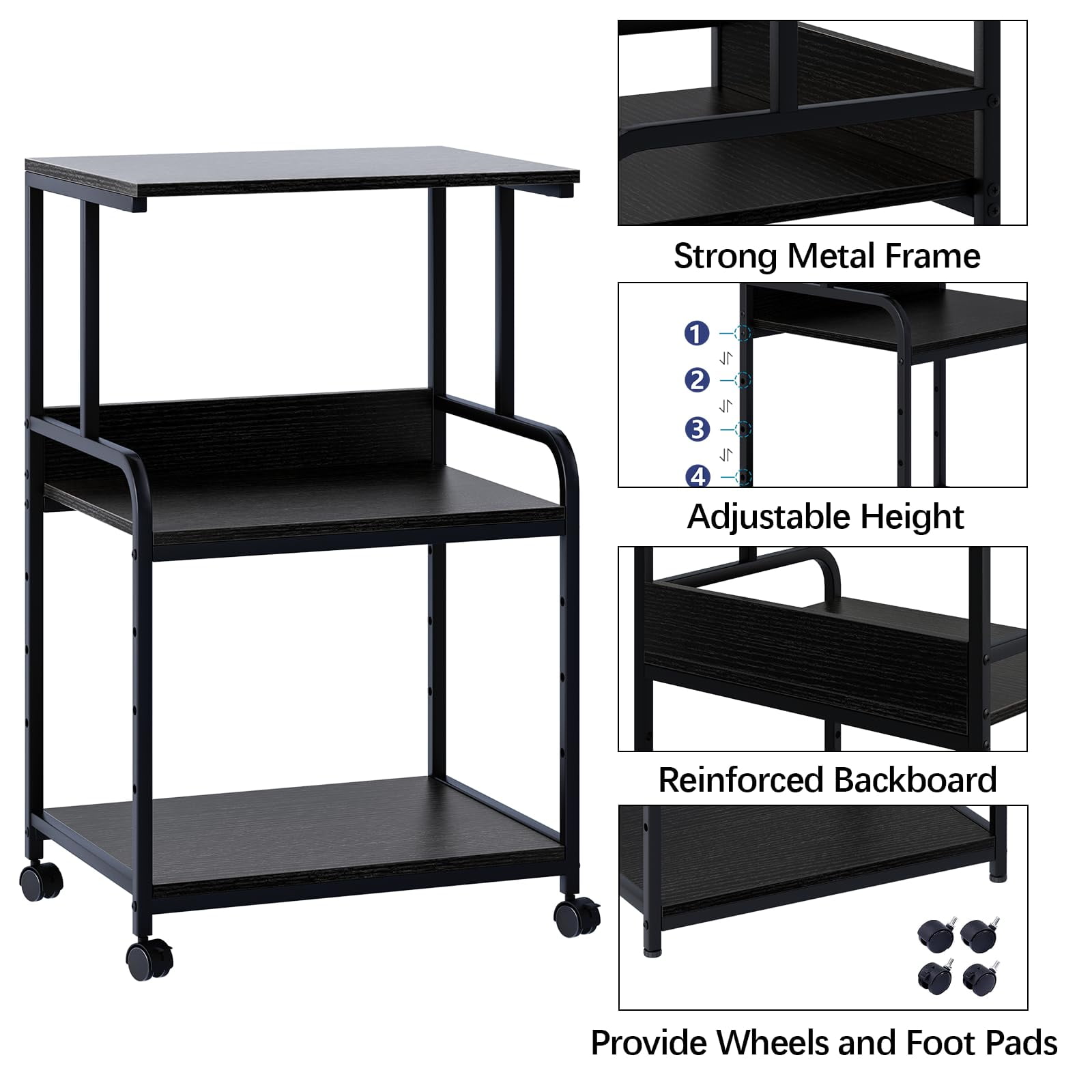 Printer Stand with Storage Shelf,3 Tier Printer Cart with Wheels,Mobile Printer Table for Home Office,Stands for Printer Heat Press Scanner Fax,Industrial Style (Black)