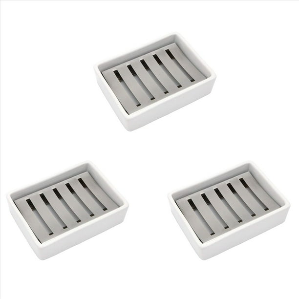 3X Cerámico Jabonera Jabonera de Acero Inoxidable para Baño Y Ducha de Doble Capa de Drenaje de Caja de Jabón