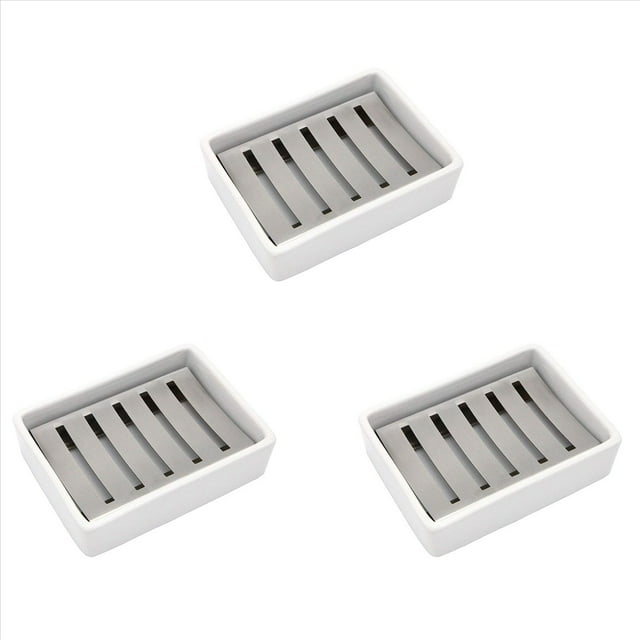 3X Cerámico Jabonera Jabonera de Acero Inoxidable para Baño Y Ducha de Doble Capa de Drenaje de Caja de Jabón