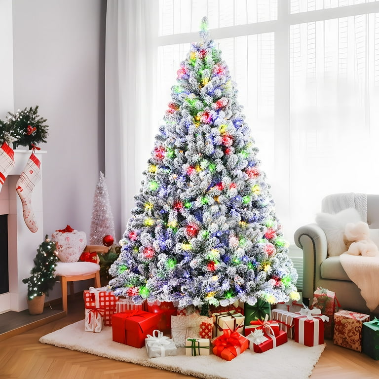 7.5 Feet Pre-Lit Hinged Christmas Tree Snow Flocked with 9 Modes Lights - Color