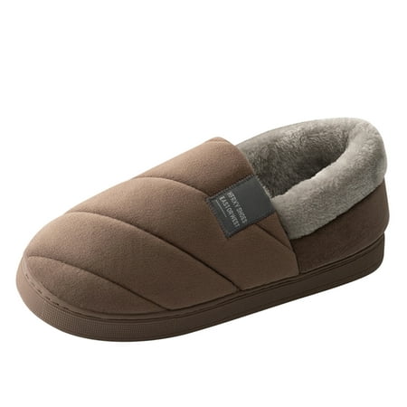 

SEMIMAY Couples Men Slip On Furry Plush Flat Home Winter Round Toe Keep Warm Solid Color Slippers Shoes Coffee