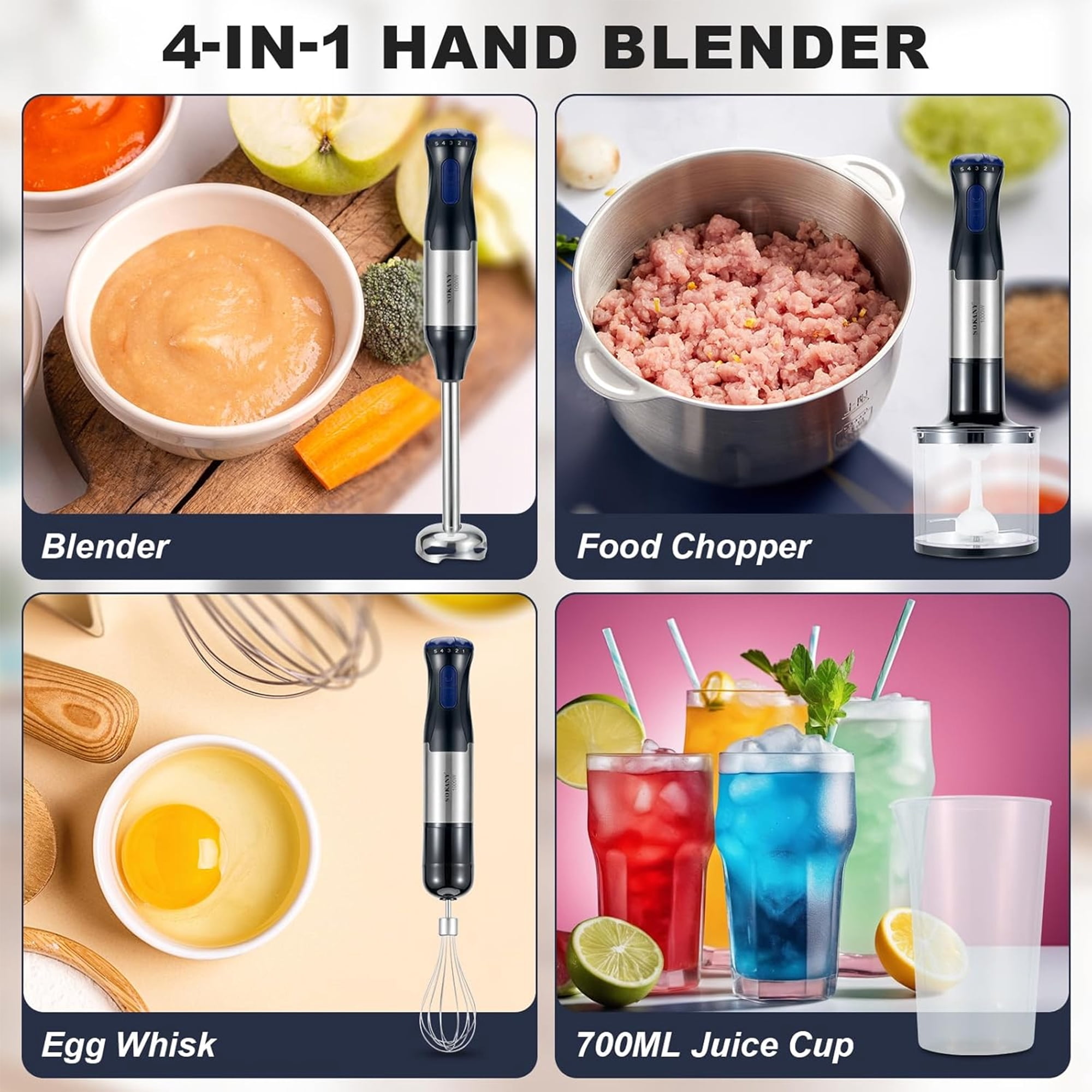 1000W Immersion Blender Handheld 4-in-1 Hand Blender Stick, Handheld Blender Stick Mixer with Egg Whisk, 700ml Beaker & 500ml Chopper Bowl