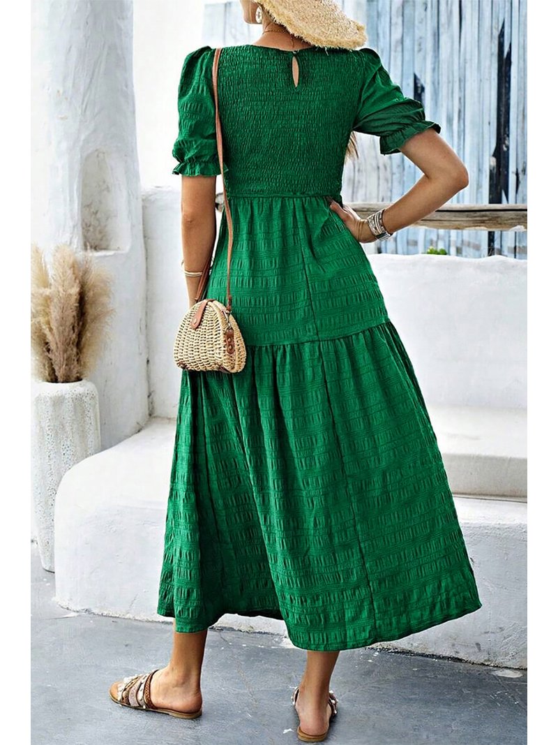 Women's Dark Green Textured Smocked Puff Short Sleeve High Waist Long Dress  | [ZhiHiMeRi] | (US 12-14)L - Walmart.com