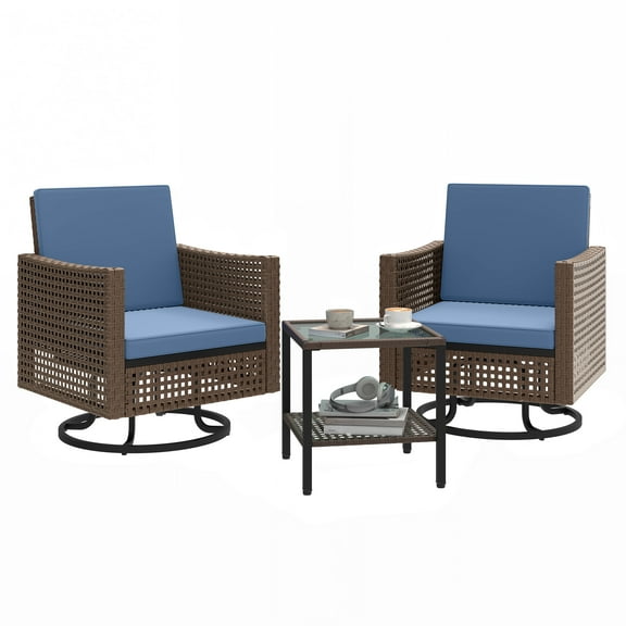 Craftian Patio Swivel Chairs, 3 Pieces Patio Furniture Set of 2 Swivel Glider Rocking Chairs with Side Table,Bistro Set - Blue