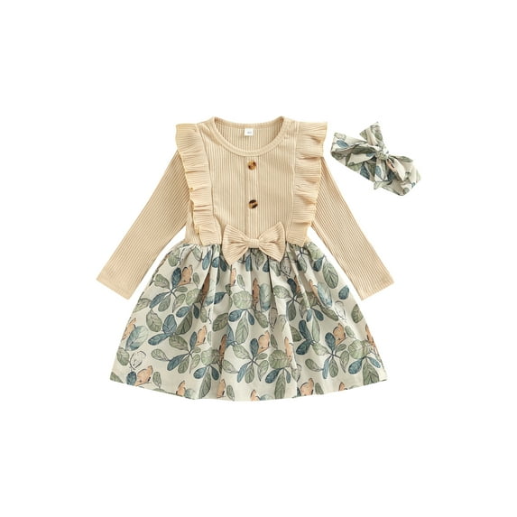 TSEXIEFOOFU Toddler Girl Autumn Sweet Dress with Bow Headband Long Sleeve Round Neck Ruffled Leaf Print Patchwork A-Line Dress