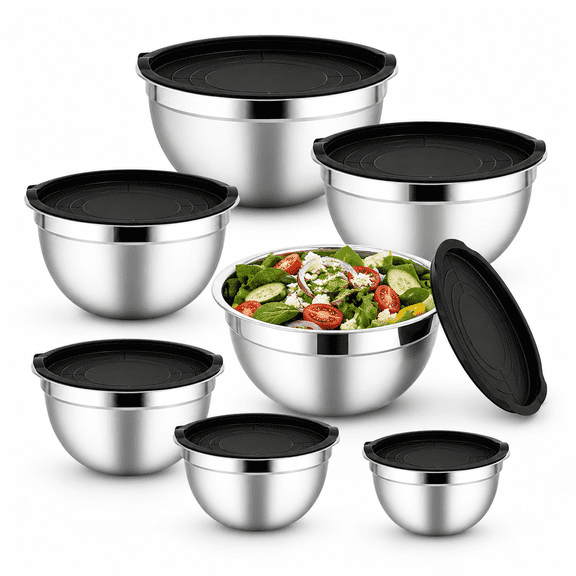 7-Piece Stainless Steel Mixing Bowl Set with Lids, Stackable Bowls 0.7QT to 5QT for Baking, Food Prep and Daily Serving