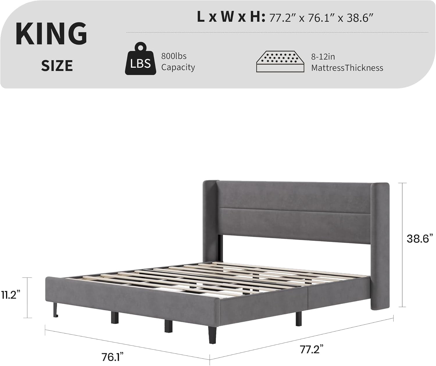 IDEALHOUSE King Size Bed Frame with Wingback Headboard, Velvet Upholstered Platform Bedframe with Wood Slats, No Box Spring Needed, Easy Assembly, Grey