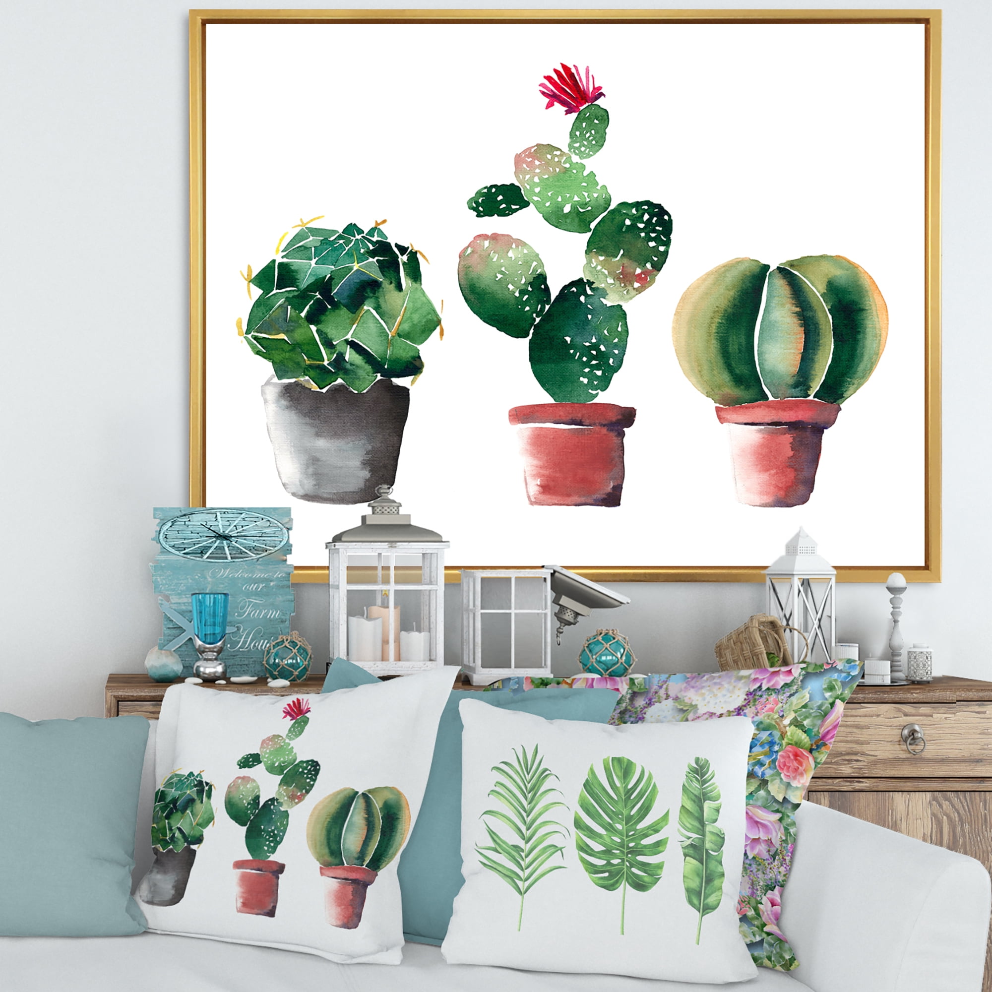 Three Cacti In Clay Pots On White 32 in x 24 in Framed Painting Canvas Art Print, by Designart