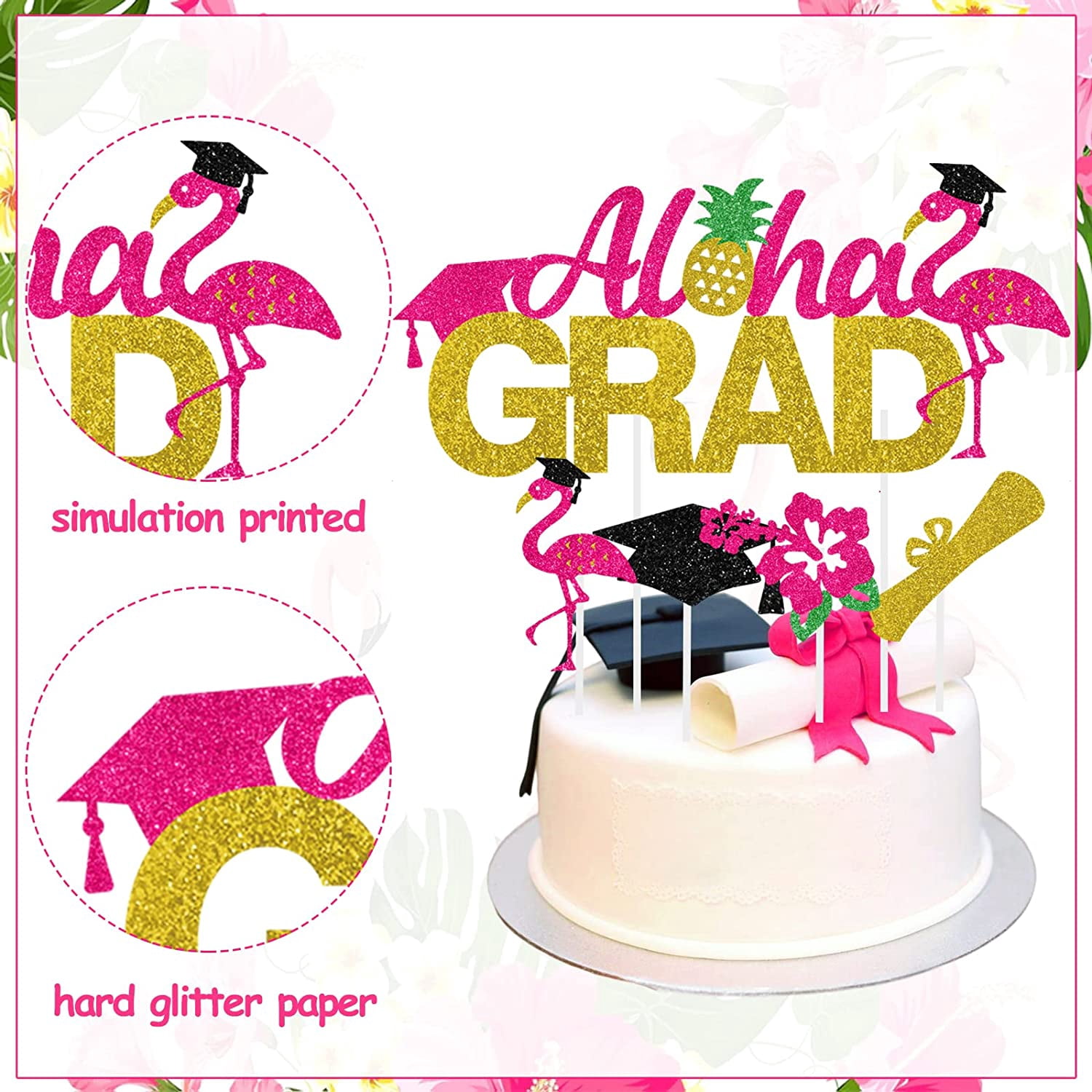 25Pcs Glitter Graduation Cake&Cupcake Toppers, Aloha Grad Cake Decoration Diploma Graduation Cap Design Tropical Themed Graduation Party Supplies College High School Class of 2023