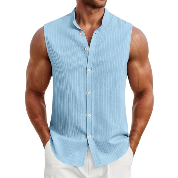 Camiseta sin mangas con estampado de rayas para hombre: prenda deportiva informal para climas cálidos y fácil de cuidar