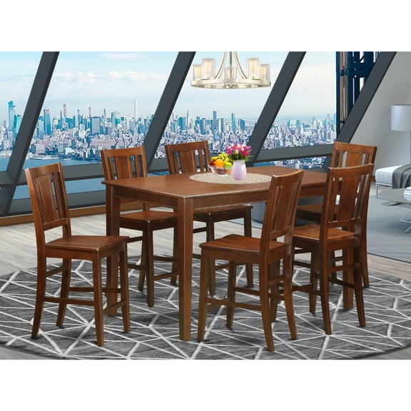 East West Furniture DUBU7H-MAH-W 7 Piece Pub Table Set- Counter Height Table and 6 Counter Height Chair
