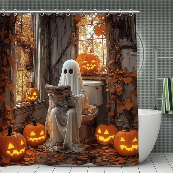 Potopok Fall Halloween Ghost Shower Curtain for Bathroom, Spooky Farmhouse Decor, Waterproof Fabric with Hooks 70.8×70.8Inch