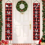 Toes Home Merry Christmas Decoration Banner Porch Sign Red Plaid Hanging Banners for Front Door Wall Merry Christmas Decoration Banner