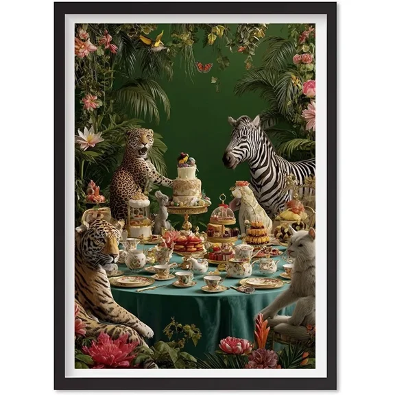 Jungle Animal Tea Party Wall Art | Maximalist Exotic Print | Leopard & Zebra Art, Matte Canvas Stretched, Posters for Room Bedroom Living Room Bathroom Wall Decor, Posters & Art Prints, Gift.