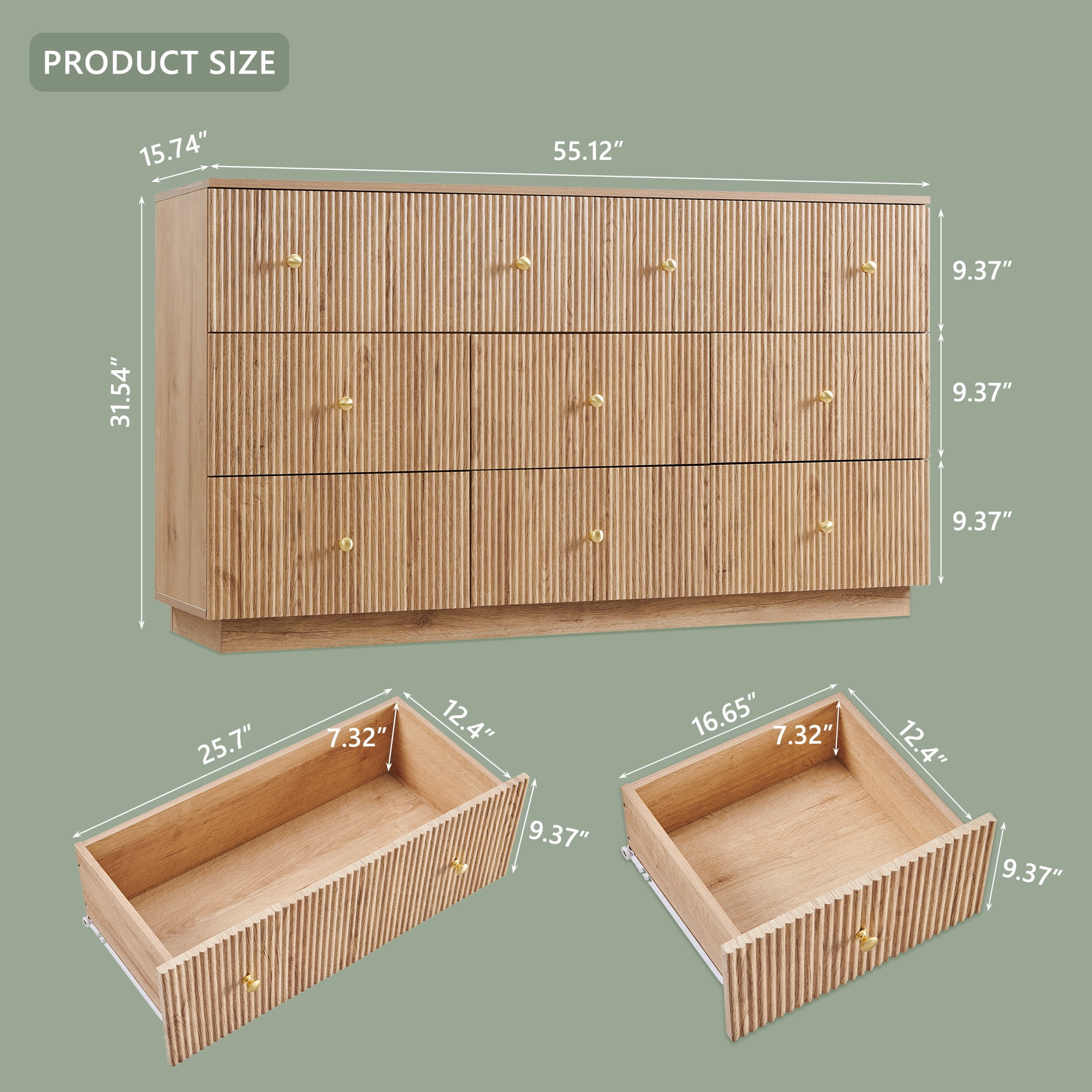 wow97e Fluted 8 Drawers Dresser, 55" W Modern Chest of Drawers with Deep Storage, Wood Tall Dresser Storage Organizer for Bedroom, Living Room, Hallway