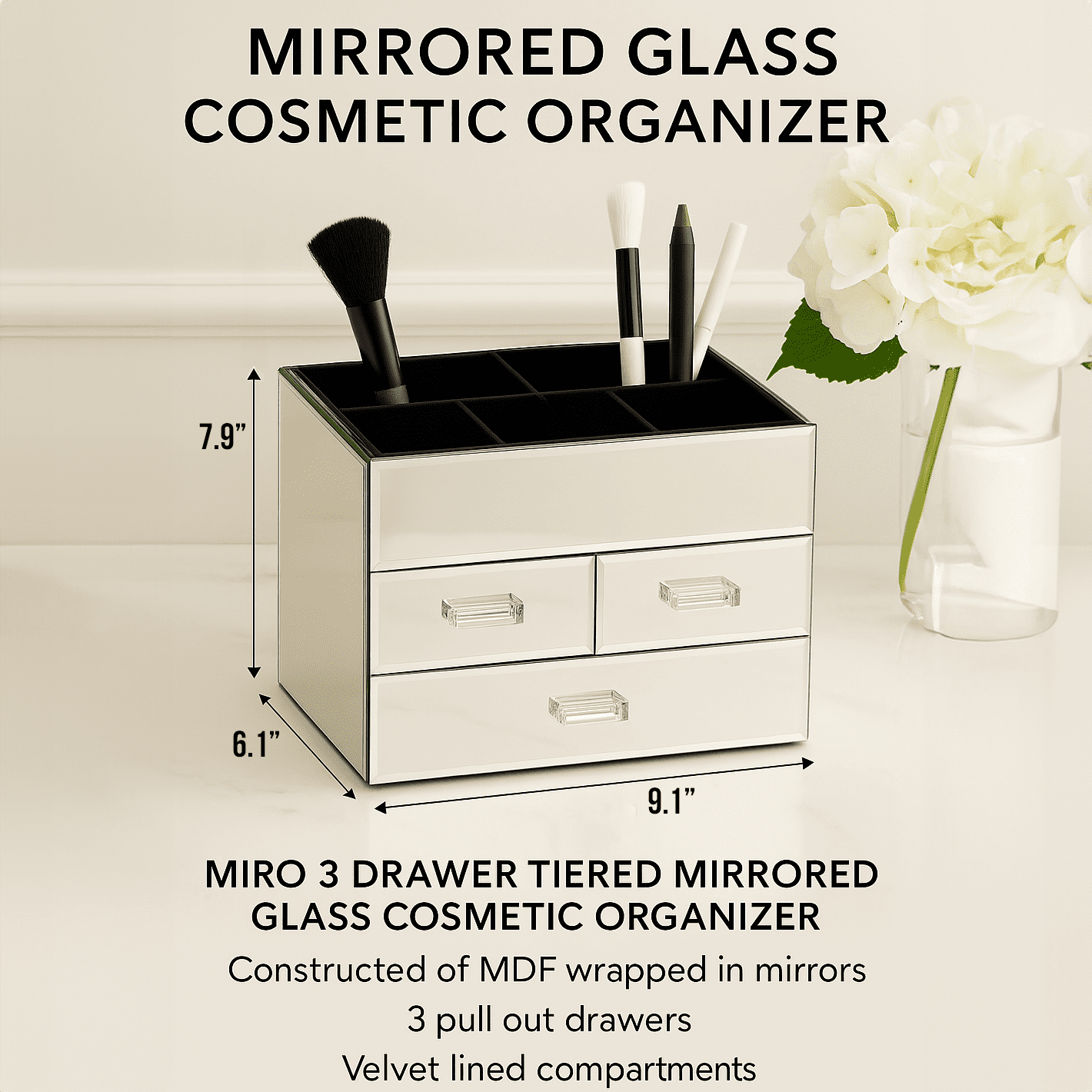 OnDisplay Miro 3 Drawer Mirrored Glass Makeup & Jewelry Organizer – Tiered Vanity Storage Box with Drawers and Velvet Lined Compartments (Silver)