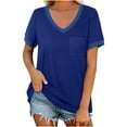 thumbnail image 2 of Rollbacks & More GaThRRgYP Womens tops V Neck Short Sleeve,Women's Loose Casual Solid Color Patchwork V-neck Short Sleeved Top Blue M, 2 of 9