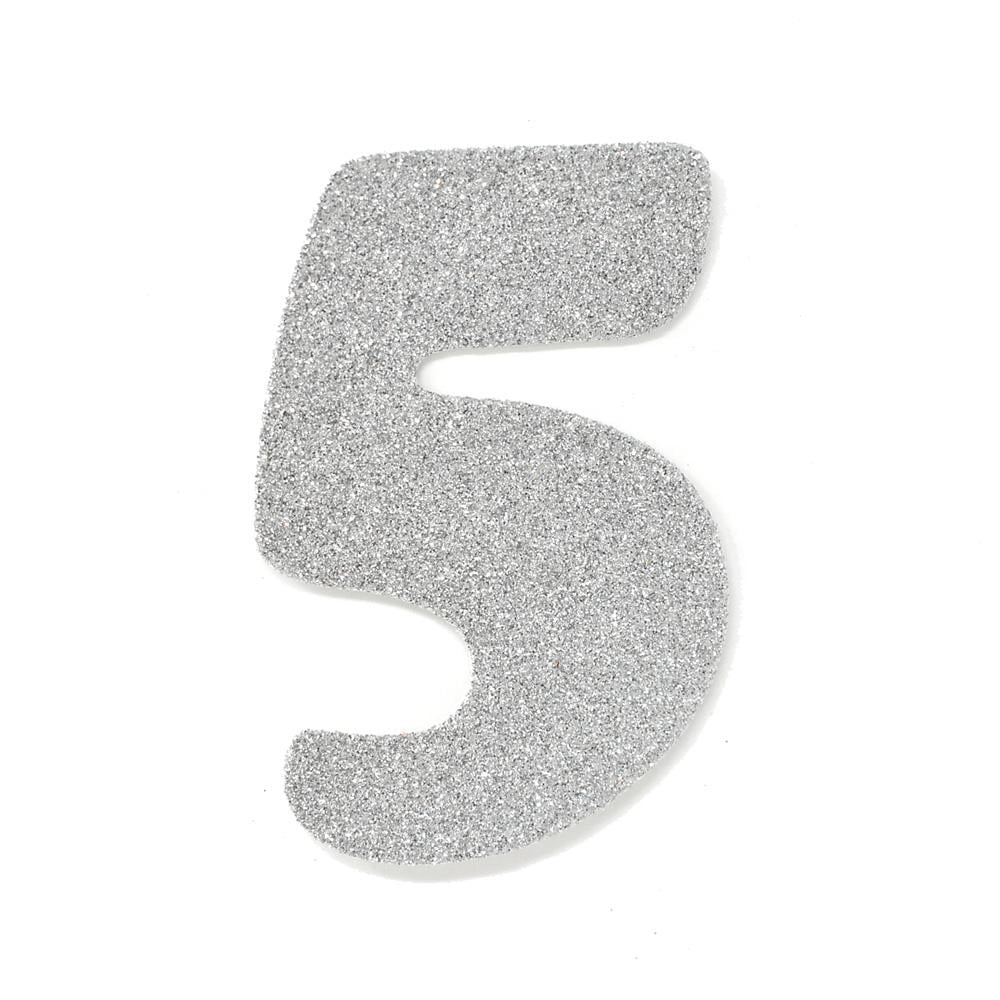 EVA Glitter Foam Number Cut Out "5", Silver, 41/2Inch, 12Count