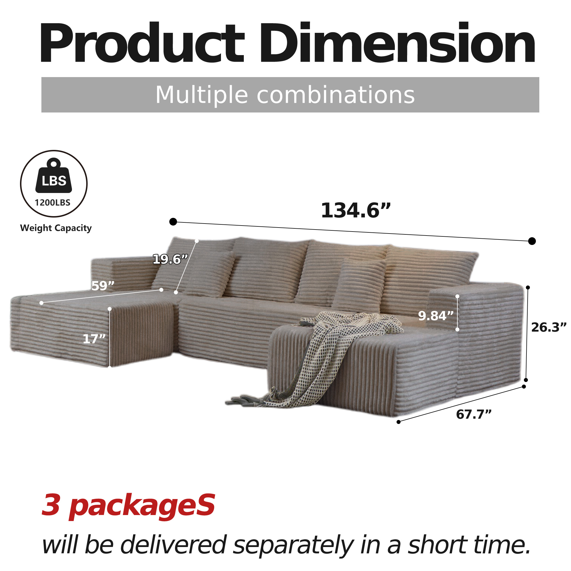 DILORA Large Sectional Cloud Couch,U-Shaped Sofa(Camel),Modular And Compressed,Three Packages,134 Inches