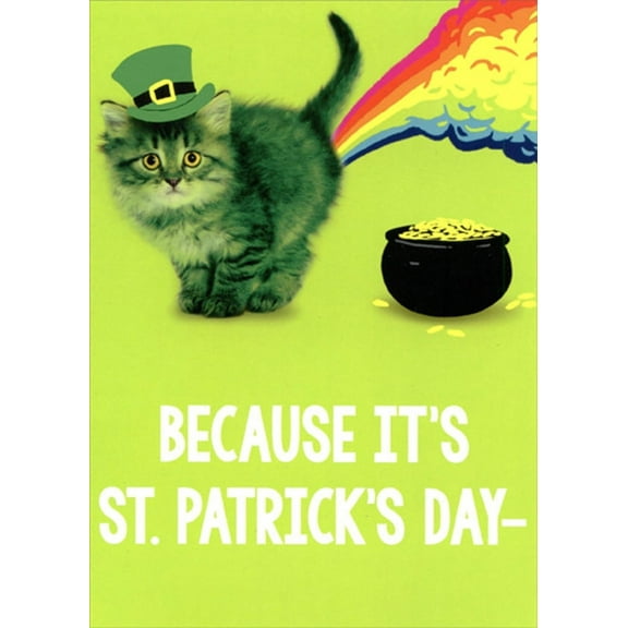Recycled Paper Greetings Green Kitten and Rainbow Funny / Humorous Cat St. Patrick's Day Card