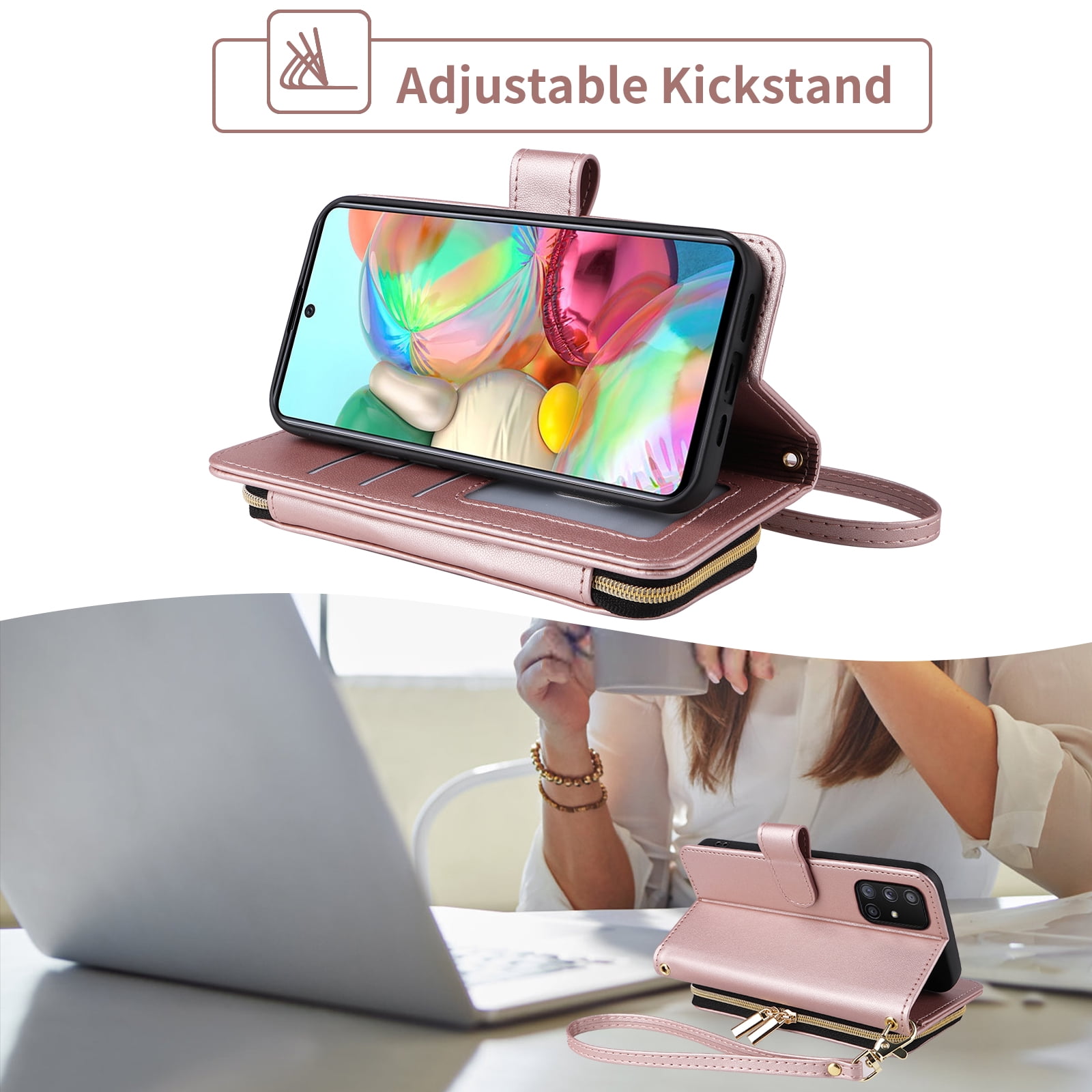 Furiet Wallet Case for Samsung Galaxy A51 4G with Wrist Strap, Crossbody Shoulder Strap, Card Slots Zipper Purse, Luxury PU Leather Stand Cell Phone Cover for A 51 M40S 51A A515F S51 Women Rose Gold