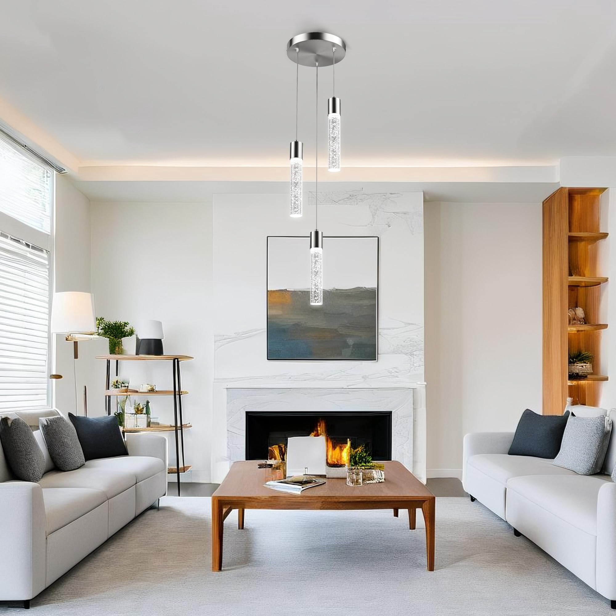 3 Lights Pendant Lights Kitchen Island, Modern Kitchen Island Lights, Ceiling Lighting Fixtures with Crystal Bubble, Integrated LED Hanging Light Nickel&nbsp;