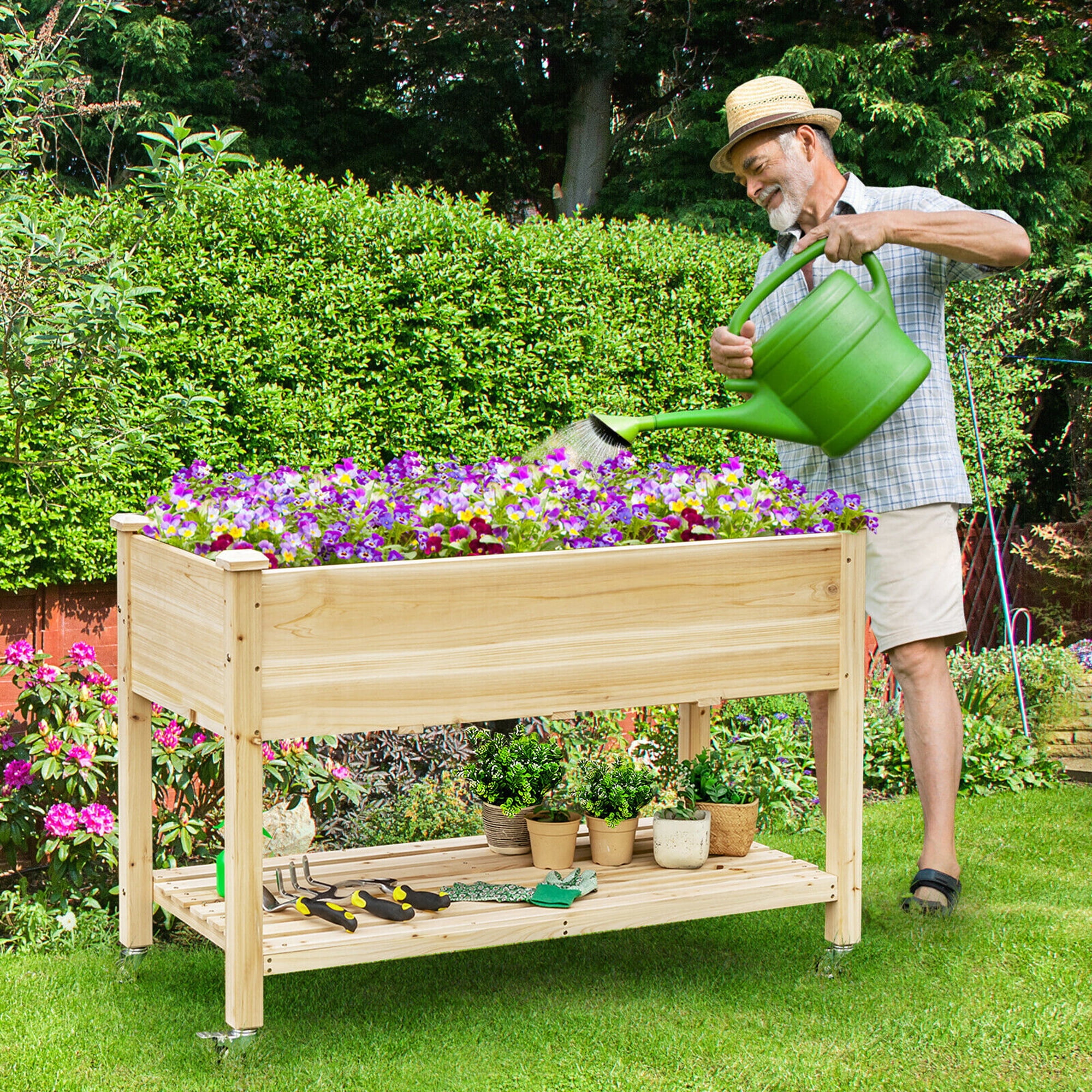Gymax Raised Garden Bed Wood Elevated Planter Bed w/Lockable Wheels Shelf & Liner