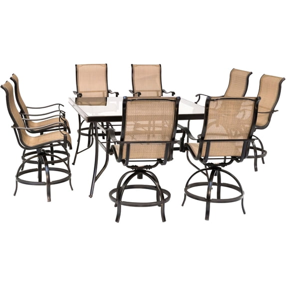 Hanover Monaco 9-Piece Counter-Height Outdoor Dining Set with 8 Sling Swivel Chairs and a 60-In. Square Glass-Top Table