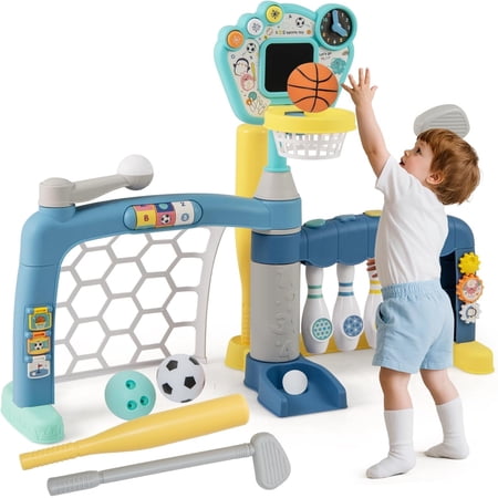 OLAKIDS Toddler Basketball Hoop 5 in 1 Adjustable Baby Sports Activity Center Soccer Bowling Baseball Golf Set Indoor Outdoor Foldable Kids Play Toy Birthday Gift with Light Music for Boys Girls