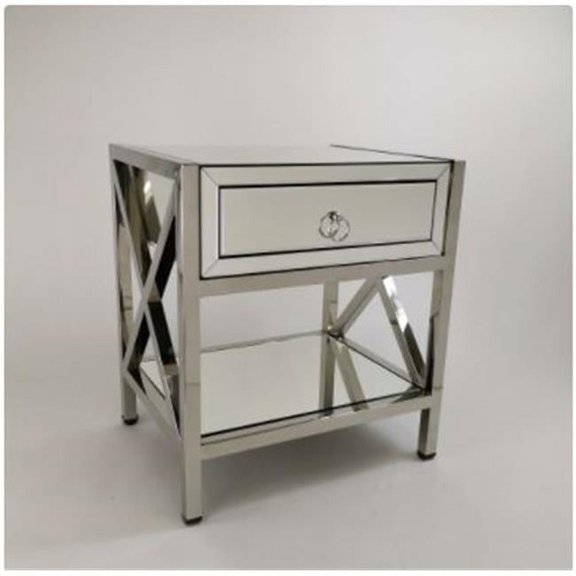 Mirrored Accent Table with 1 Drawer and X Shaped Accent, Silver- Saltoro Sherpi