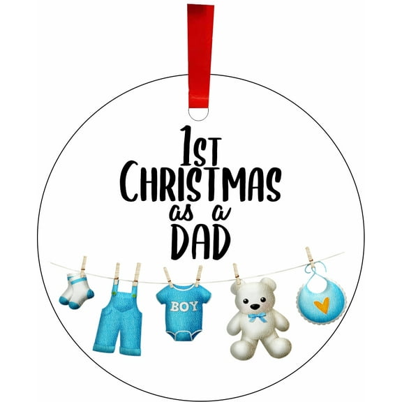 1st Christmas as a Dad - Baby Boy Clothesline Design , Flat Round Shaped Aluminum Ornament for Christmas Tree - Cute New Baby Infant Keepsake