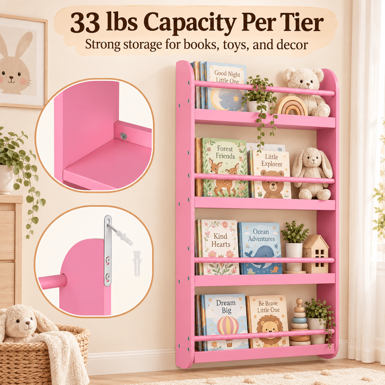 Furnibear 4-Tier Wall Bookshelf for Kids, Front-Facing Nursery Bookcase with Display Shelves for Books and Toys, Space-Saving Bedroom Storage, Pink