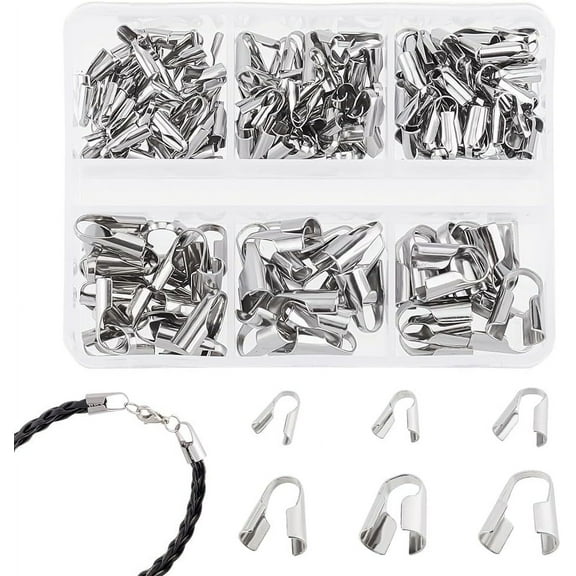 195pcs Stainless Steel Cord Ends 6 Styles End Caps Leather Cord Finding End Tips for Jewelry Making End Caps Terminators End Tip Bead Caps Stainless Steel Color