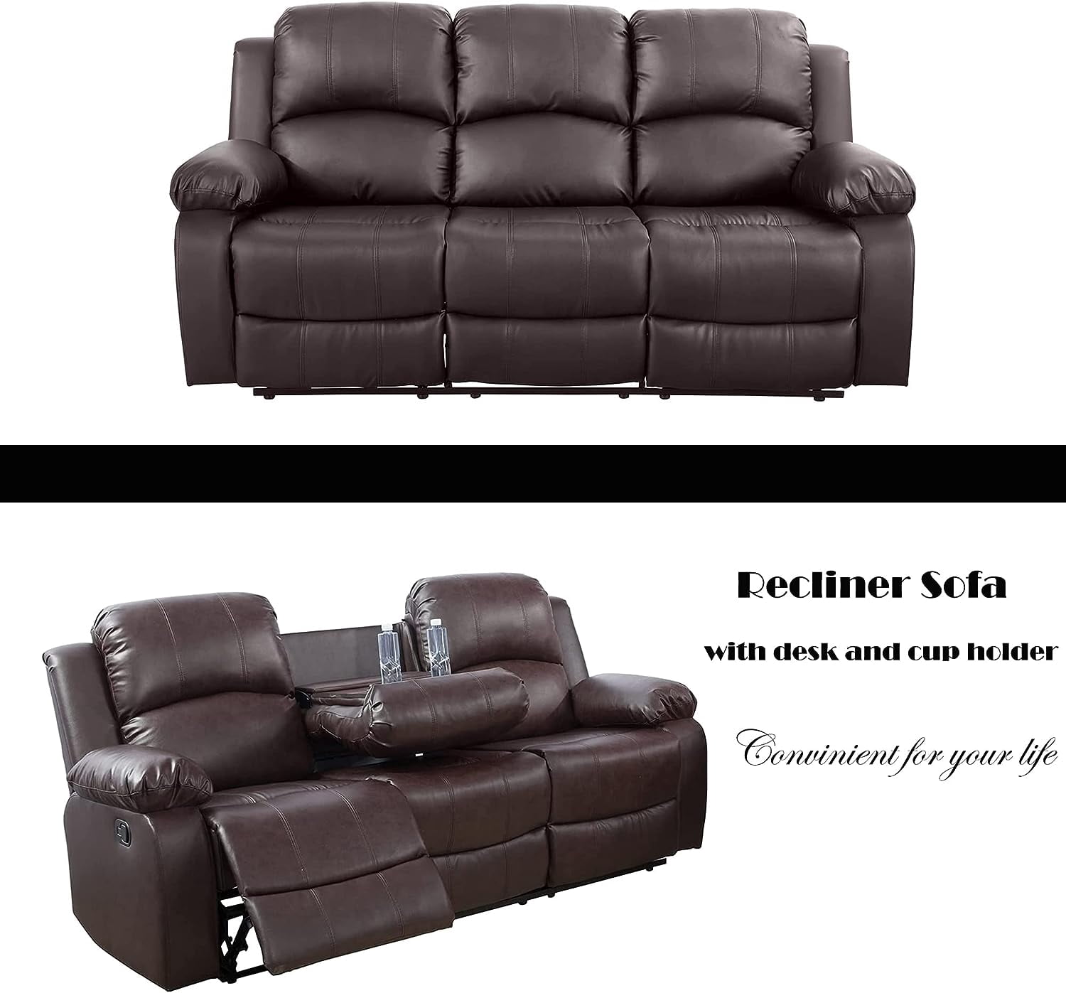3 Piece Manual Recliner Sofa Couch, Home Theater Seating with Cup Holders, Living Room Furniture Sofa Set for Home Office