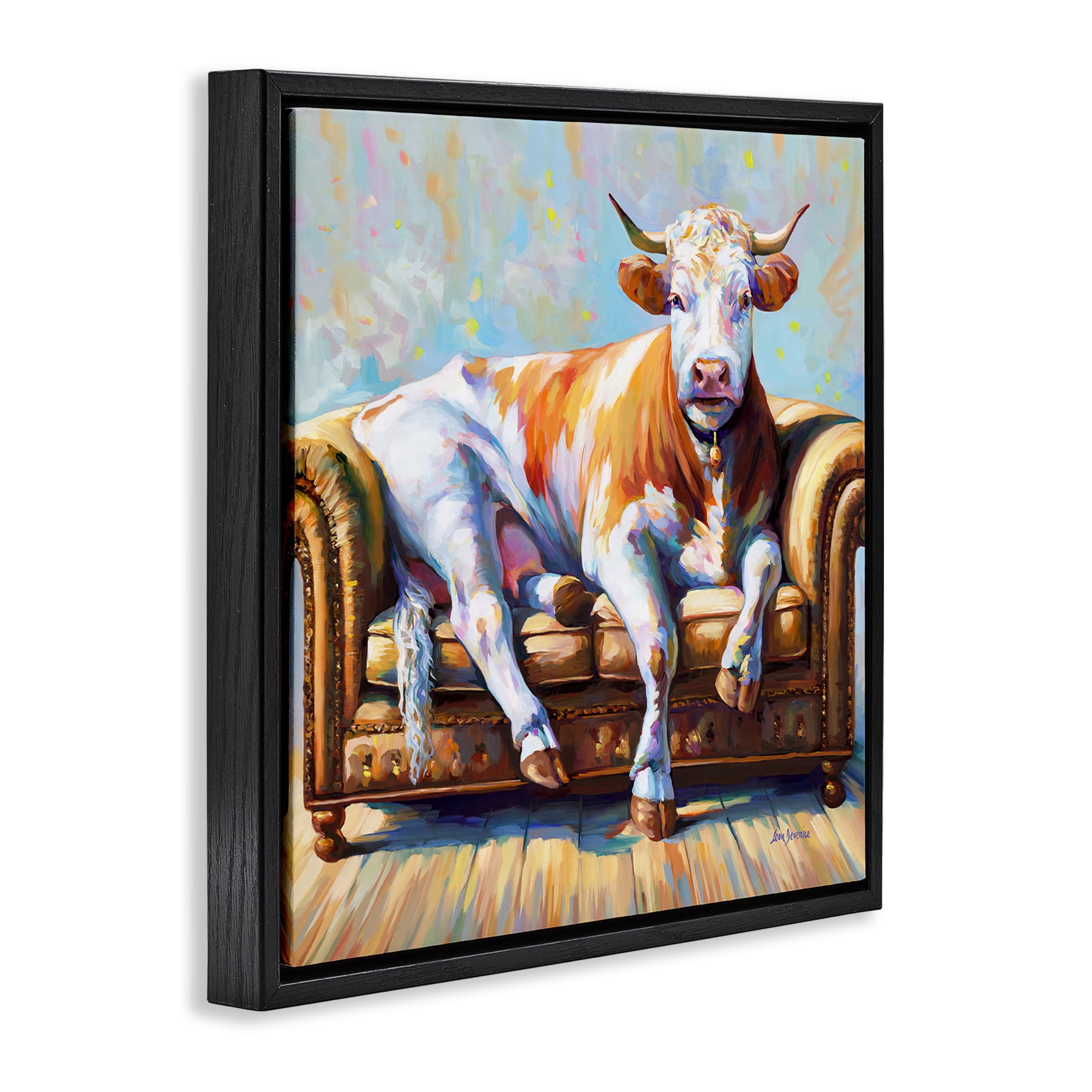 Stupell Industries Cow's Day Off Animals & Insects Painting Black Floater Framed Canvas Art Print Wall Art, 18 x 18