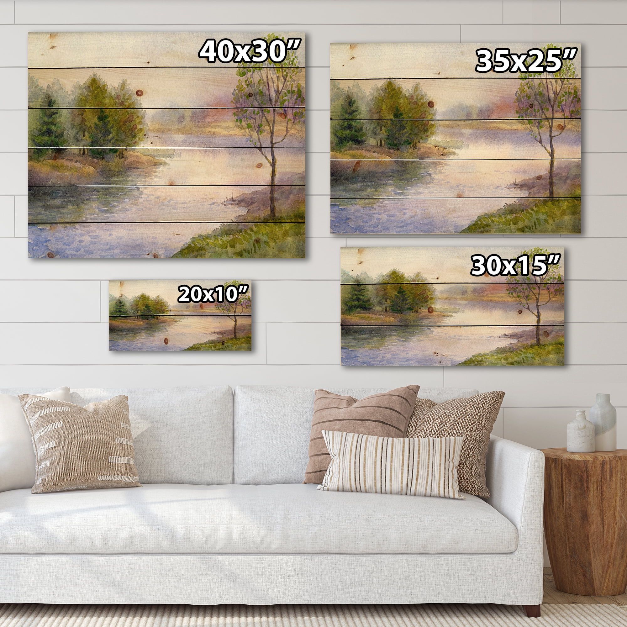 Designart 'Trees On The Bank Of River' Lake House Print on Natural Pine Wood