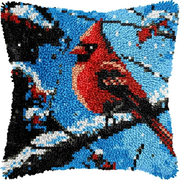 Cardinal Bird in Winter Latch Hook Pillow Kits for DIY Throw Pillow Cushion Embroidery Latch Hooking Pillowcase Kits with Preprinted Canvas Crochet Yarn Kits for Home Decor 17''X 17''(d322)