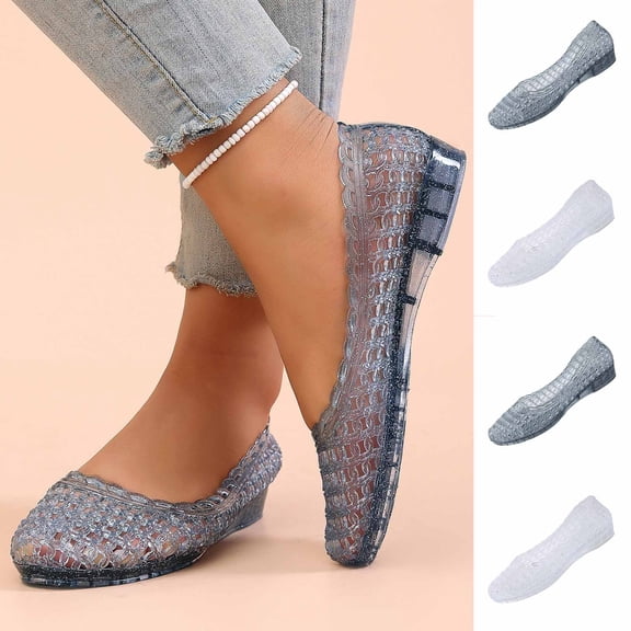 Miluxas Women's Hollow Mesh Jelly Flats, Breathable Slip-On PVC Shoes with Glitter Detail, Comfortable Lightweight Sandals White 8.5(41)