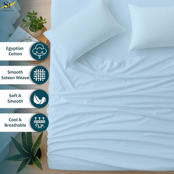 3/4 Full Bunk Sheets 48x75, Egyptian Cotton 4-Piece Camper Bedding Set, Fits 10-12" Deep RV Mattress, Light Blue