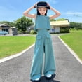 thumbnail image 5 of CPNG Girls Clothes Summer 2 Piece Outfit Set Raw Fringed Denim Sleeveless Vest Top and High Waist Wide Leg Pants Summer Outfits Set(Green,9-10 Years), 5 of 7
