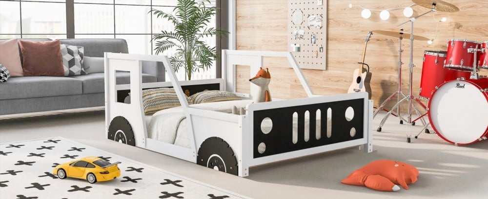 Classic White Full Size Car-Shaped Platform Bed with Wheels and Enduring Quality