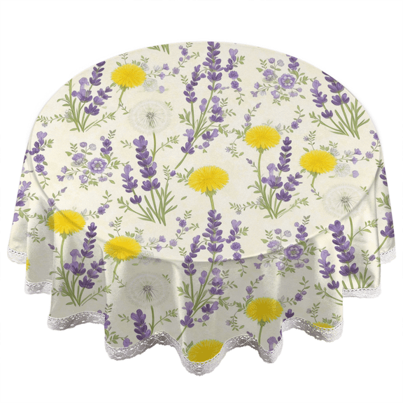 Floral Pattern Round Tablecloth 60 Inch, Cottage Style Table Cover with Lace Trim, Polyester Tablecloth for Dining Kitchen Parties Cabin Farmhouse Decor