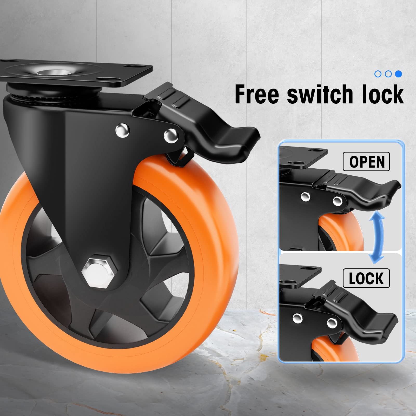 5" Caster Wheels Heavy Duty, ASHGOOB Casters Set of 4 - Non-Marking Orange Polyurethane Castors, Top Plate Swivel Wheels, Industrial Casters with Brake, Locking Casters for Furniture and Workbench